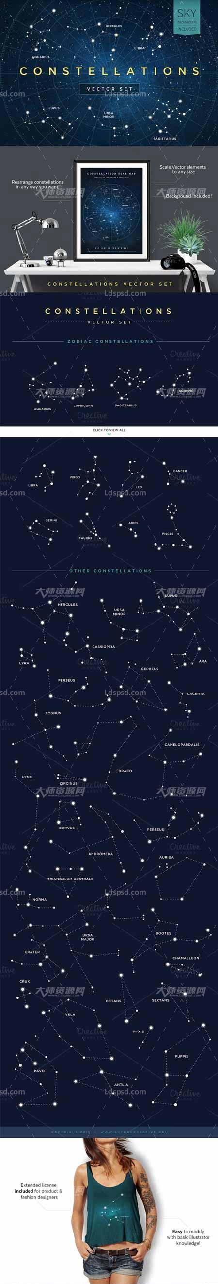 Constellations Vector Set,44个矢量的星座素材